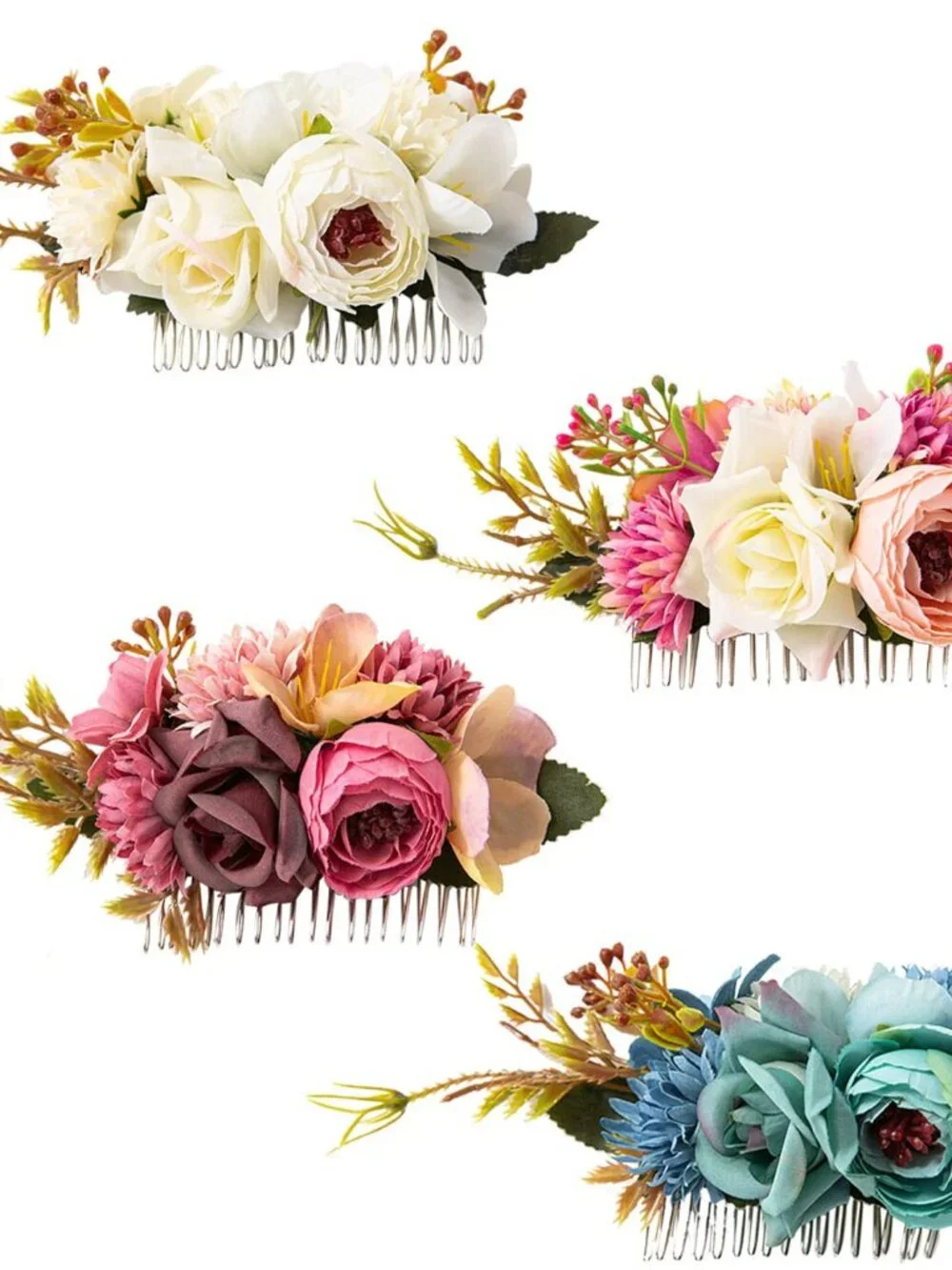 4 Pack Large Artificial Flower Metal Hair Side Combs Floral Slide Hair Clips Wed